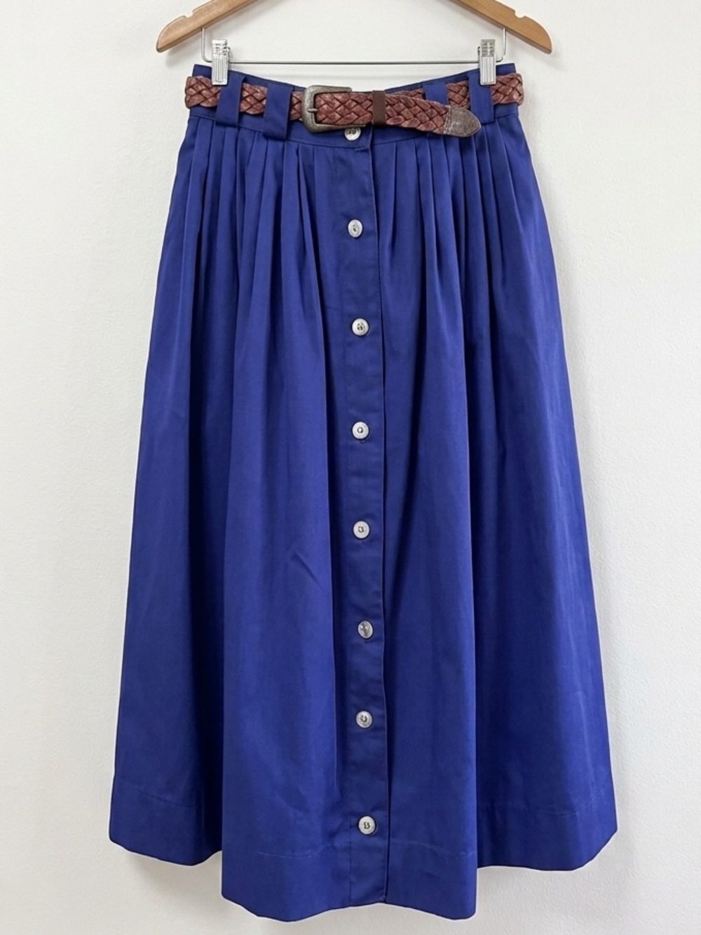 Vintage Metro New York Navy Blue Button Front Midi Skirt Pleated USA Belted 8